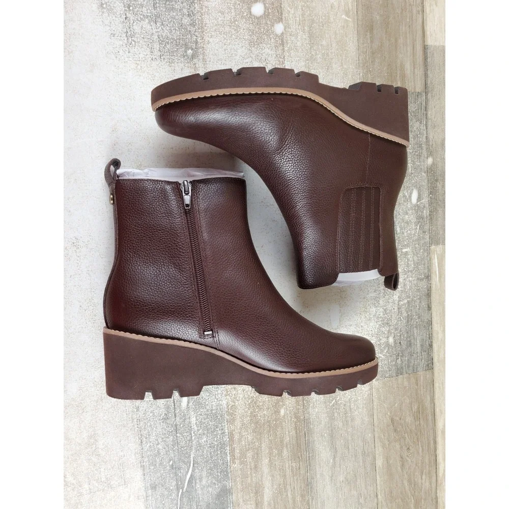 Vionic Aria 2.0 Womens Short Boots Sz 7.5 M Dark Brown Leather Wedge Side Zip